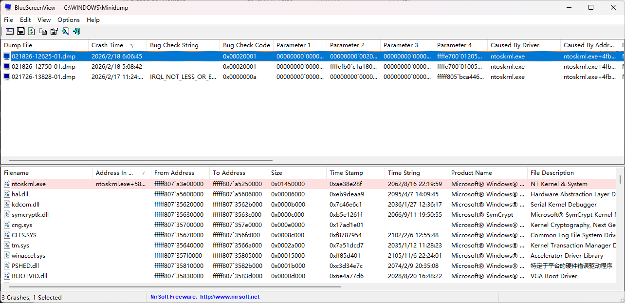 BlueScreenView 报错截图：HYPERVISOR_ERROR 0x00020001
